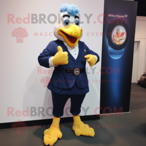 Navy Butter Chicken mascot costume character dressed with a Dress Pants and Smartwatches