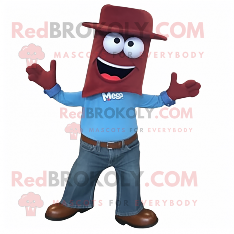 Maroon Aglet mascot costume character dressed with a Denim Shirt and Ties