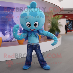 Sky Blue Kraken mascot costume character dressed with a Flare Jeans and Headbands