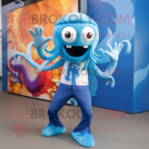 Sky Blue Kraken mascot costume character dressed with a Flare Jeans and Headbands