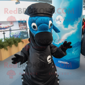 Black Sea Horse mascot costume character dressed with a Cover-up and Caps