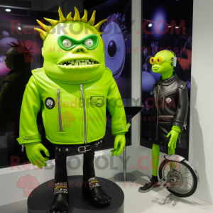 Lime Green Cyclops mascot costume character dressed with a Moto Jacket and Hair clips