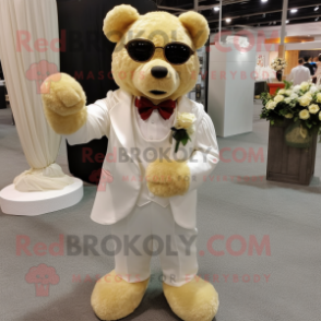 Gold Bear mascot costume character dressed with a Wedding Dress and Eyeglasses