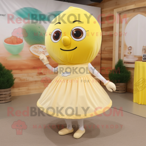 Beige Lemon mascot costume character dressed with a Skirt and Shoe laces