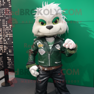 Forest Green Engagement Ring mascot costume character dressed with a Biker Jacket and Belts