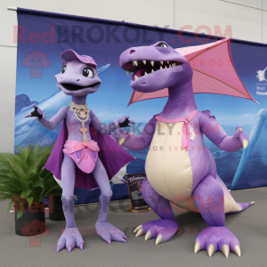 Lavender Dimorphodon mascot costume character dressed with a Bikini and Belts