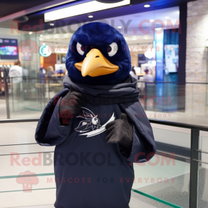 Navy Blackbird mascot costume character dressed with a Sweatshirt and Scarves