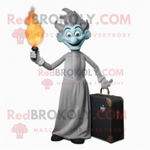 Gray Fire Eater mascot costume character dressed with a Evening Gown and Briefcases