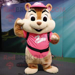 Pink Chipmunk mascot costume character dressed with a Tank Top and Belts