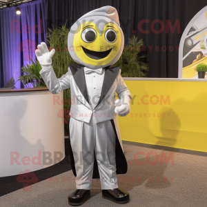 Silver Lemon mascot costume character dressed with a Tuxedo and Wraps