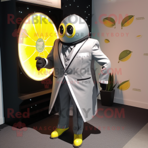 Silver Lemon mascot costume character dressed with a Tuxedo and Wraps