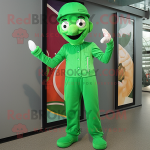 Green Mime mascot costume character dressed with a Jumpsuit and Caps