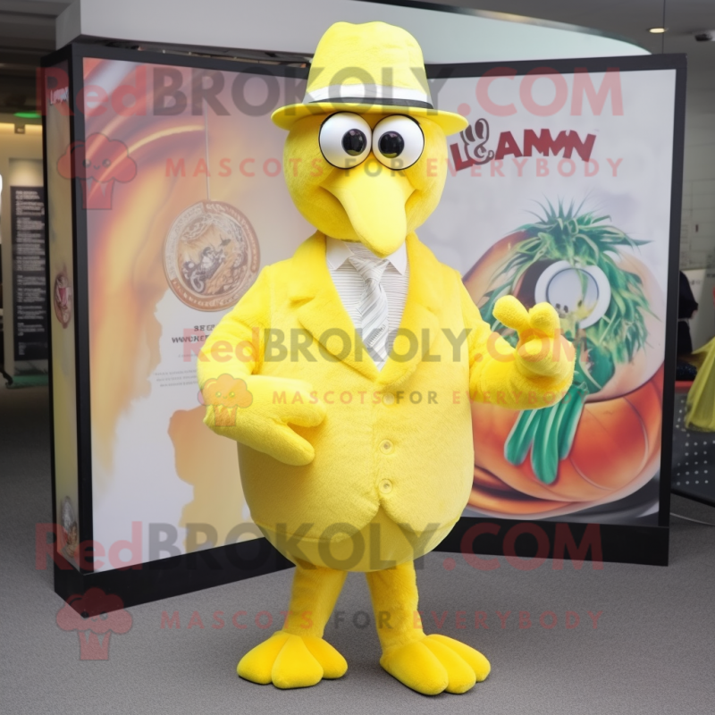 Lemon Yellow Flamingo mascot costume character dressed with a Suit and Beanies