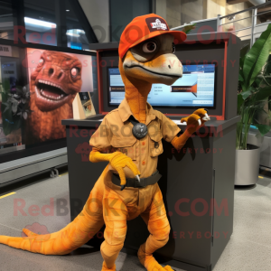 Orange Velociraptor mascot costume character dressed with a Capri