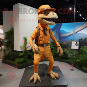 Orange Velociraptor mascot costume character dressed with a Cargo Shorts and Berets