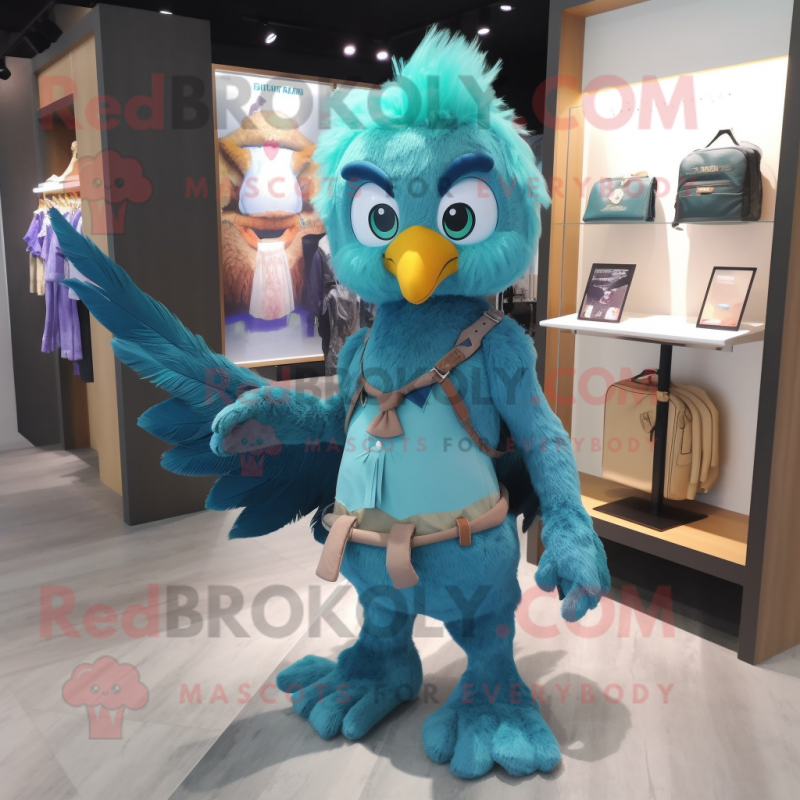 Turquoise Harpy mascot costume character dressed with a Denim Shorts and Brooches