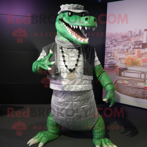 Silver Crocodile mascot costume character dressed with a Vest and Bracelets