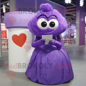 Purple Love Letter mascot costume character dressed with a Ball Gown and Mittens