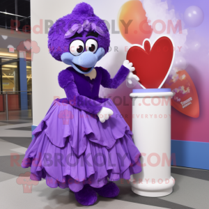 Purple Love Letter mascot costume character dressed with a Ball Gown and Mittens