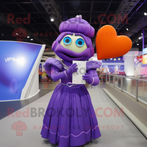 Purple Love Letter mascot costume character dressed with a Ball Gown and Mittens