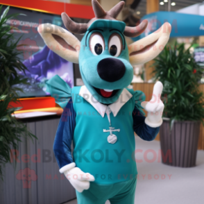 Teal Reindeer mascot costume character dressed with a Pencil Skirt and Lapel pins