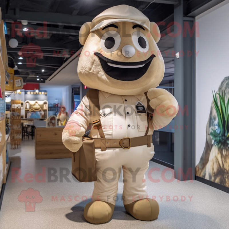 Beige Chief mascot costume character dressed with a Overalls and Backpacks