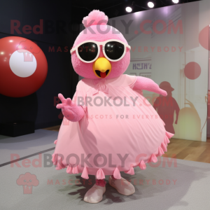 Pink Butter Chicken mascot costume character dressed with a Ball Gown and Sunglasses