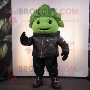 Black Cabbage mascot costume character dressed with a Biker Jacket and Foot pads