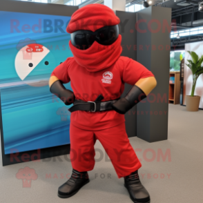 Red Ninja mascot costume character dressed with a Cargo Pants and Sunglasses