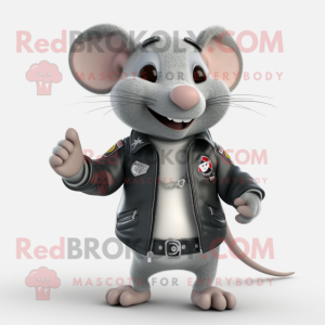 Gray Rat mascot costume character dressed with a Biker Jacket and Brooches