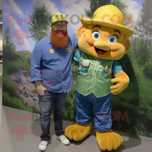 Gold Leprechaun mascot costume character dressed with a Chambray Shirt and Watches
