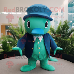 Forest Green Blue Whale mascot costume character dressed with a Romper and Hats