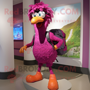 Magenta Ostrich mascot costume character dressed with a Shorts and Backpacks