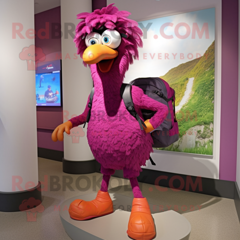 Magenta Ostrich mascot costume character dressed with a Shorts and Backpacks