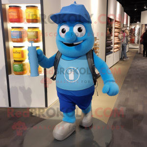 Sky Blue Scented Candle mascot costume character dressed with a Henley Shirt and Backpacks