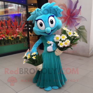 Teal Bouquet Of Flowers mascot costume character dressed with a Evening Gown and Keychains