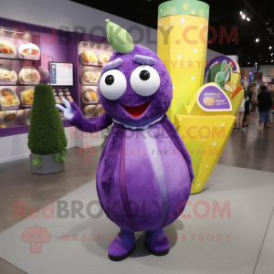 Purple Lemon mascot costume character dressed with a Maxi Dress and Coin purses