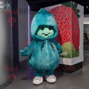 Teal Strawberry mascot costume character dressed with a Parka and Beanies