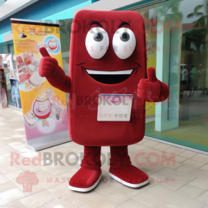 Maroon Candy Box mascot costume character dressed with a Capri Pants and Clutch bags