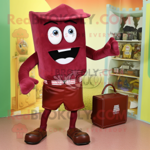 Maroon Candy Box mascot costume character dressed with a Capri Pants and Clutch bags