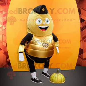 Gold Melon mascot costume character dressed with a Yoga Pants and Foot pads