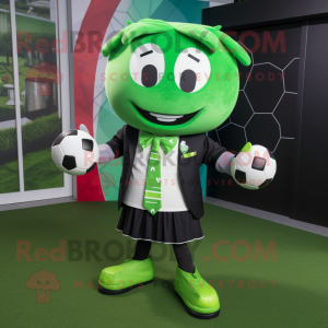 Green Soccer Goal mascot costume character dressed with a Rugby Shirt and Bow ties