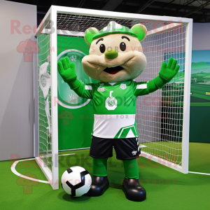 Green Soccer Goal mascot costume character dressed with a Rugby Shirt and Bow ties