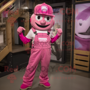 Pink Momentum mascot costume character dressed with a Overalls and Suspenders