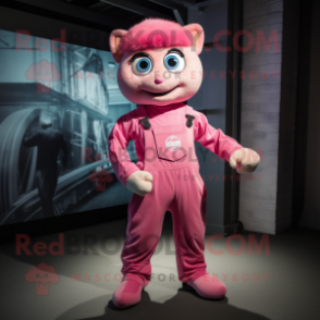 Pink Momentum mascot costume character dressed with a Overalls and Suspenders