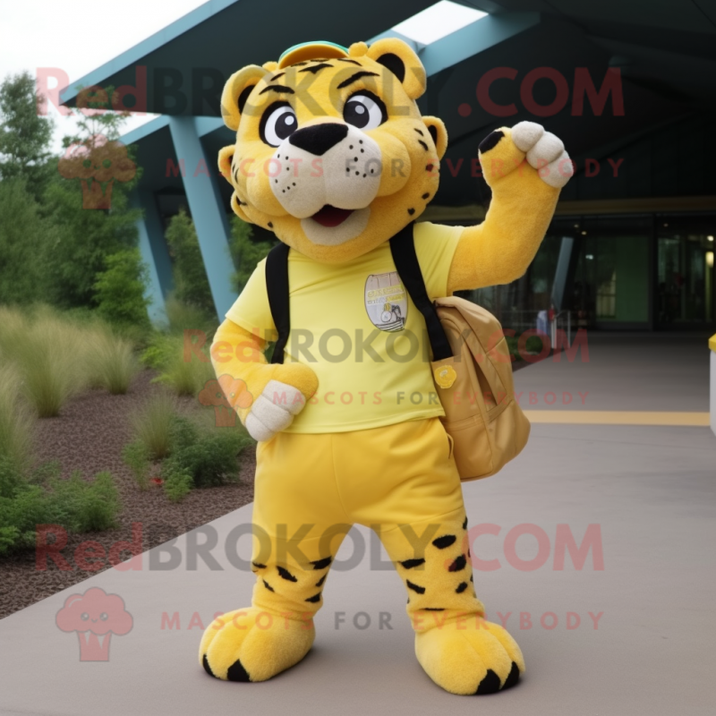 Lemon Yellow Saber-Toothed Tiger mascot costume character dressed