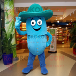 Turquoise Zucchini mascot costume character dressed with a Bootcut Jeans and Hats