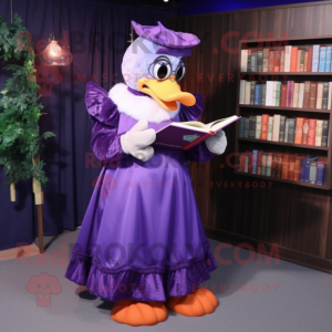 Purple Muscovy Duck mascot costume character dressed with a Ball Gown and Reading glasses