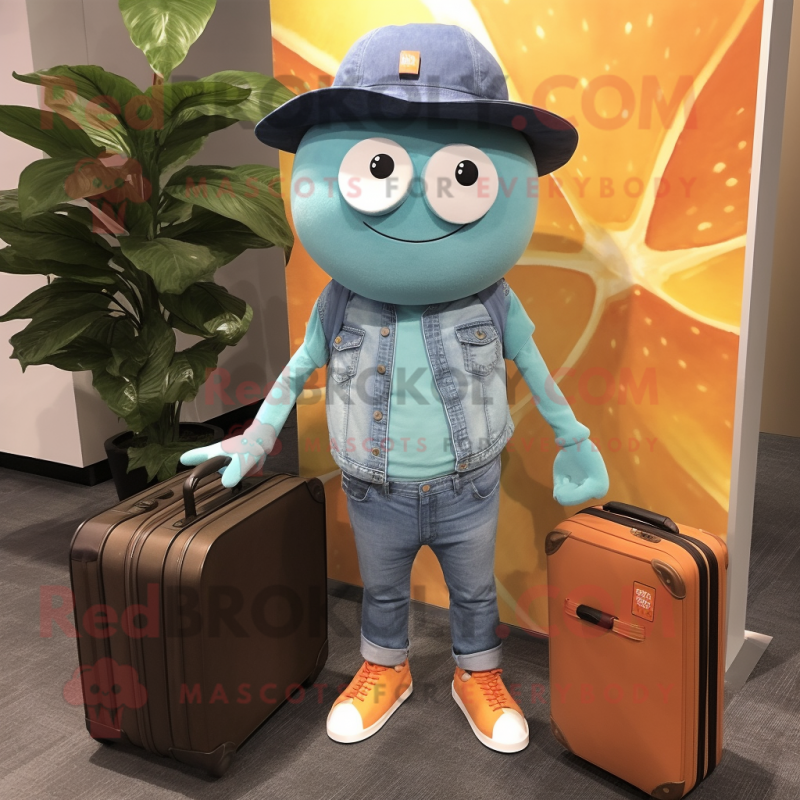 Turquoise Grapefruit mascot costume character dressed with a Denim Shirt and Briefcases