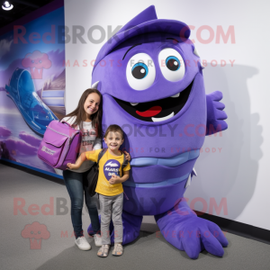 Purple Barracuda mascot costume character dressed with a Mom Jeans and Messenger bags